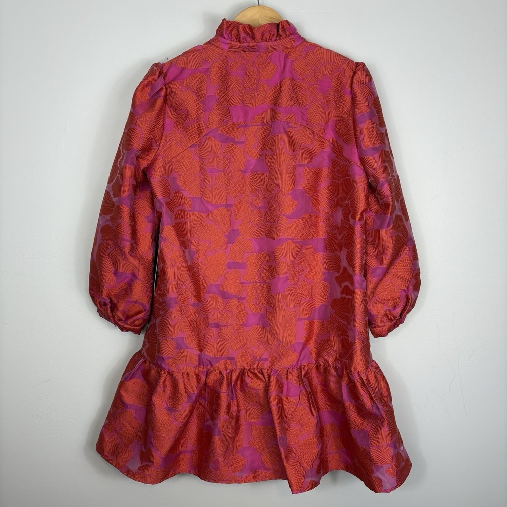 Tuckernuck Red Fil Coupe Palmerston Dress Sz L Brocade Floral Ruffle Hem - Picture 5 of 8